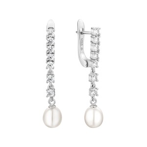 Cercei lungi din argint cu perle naturale albe și cristale, cu tortițe DiAmanti SK25477EL_W-G (Argint 925‰ 3,2 g.)